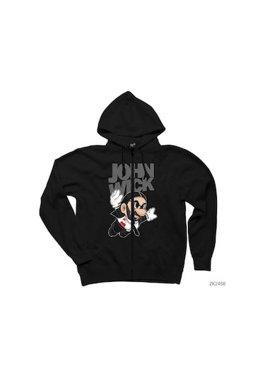 John Wick Fly Siyah Fermuarlı Kapşonlu Sweatshirt Siyah