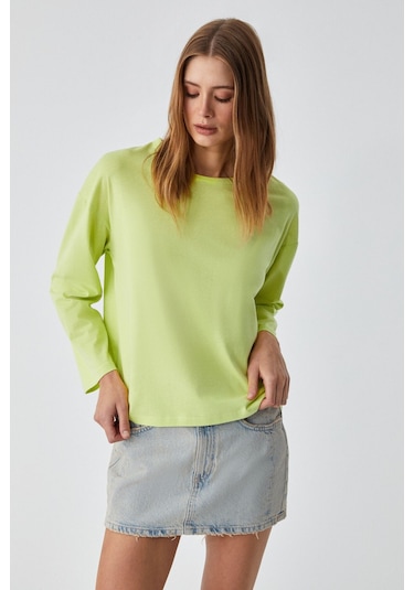 GRIMELANGE Basıl Kadını Oversize %100 Organik Pamuk Örme Uzun Kol Yeşil T-shirt Yeşil