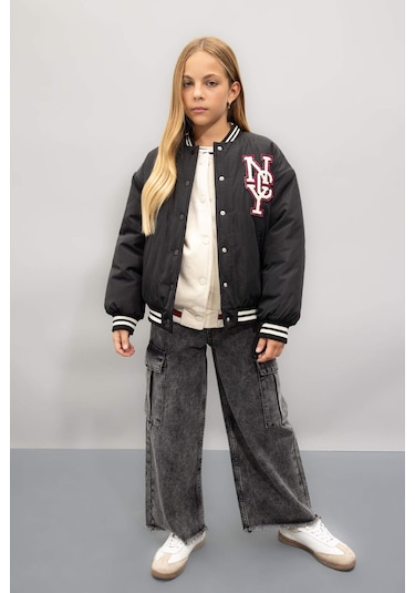 DeFacto Kız Çocuk Su İtici Kolej Yaka Çıtçıtlı Cepli Bomber Mont C5408A824AUBK27 Siyah