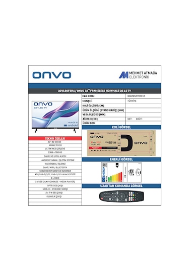 Onvo 32VL80F3HA  32'' 82 Ekran Uydu Alıcılı HD Smart Led TV