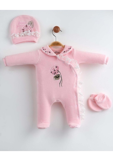 Kız Bebek Yeni Doğan Pembe Ortanca Nakışlı 3 Parça Hastane Çıkışı Tulum Seti Pembe