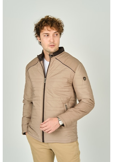 Lucas Erkek Dik Yaka Deri Biyeli Kapitone Mont 4706 Camel Camel