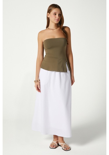 Kadın Seaside Beyaz Astarlı Bel Lastikli Cepli Dokuma Uzun Etek Beyaz