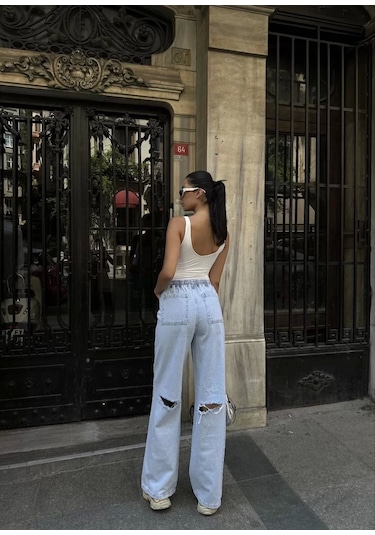 Kadın Arkadan Yırtmaçlı Jeans Kot Palazzo Pantolon - Mavi Mavi
