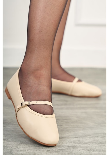 Günlük Siyah Kadın Babet Oval Burun İnce Bant Tokalı Kemer Ortopedik Ev İş Ofis Hafif Ayakkabı 113 Bej