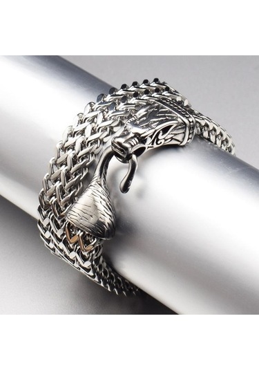 Novahub İskandinav Viking Kurt Kafası Paslanmaz Çelik Erkek Bileklik Hip Hop Kişiselleştirilmiş Çift Sıralı Bilezik 19cm Gümüş Gümüş