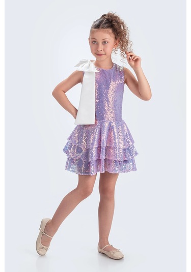 Etekli Şık Elbise Pullu 3 Kat Lila