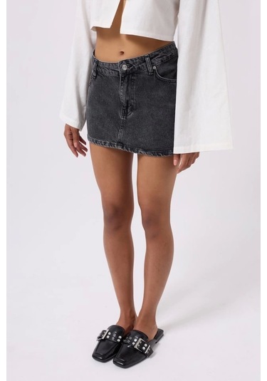 Asimetrik Bel Denim Mini Etek Siyah
