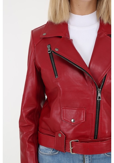 DERİNSS DKA99020 Hakiki Deri Kadın Kırmızı Mont