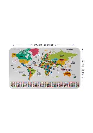 Türkçe Ülke Bayrak Lı Eğitici Başkent Detaylı Atlası Dünya Haritası Duvar Sticker -60x105-3860 Renkli