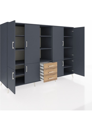 Kronos Dolap 11 Raflı 3 Çekmeceli 8 Kapaklı 220x59x163 Antrasit-a Antrasit-antrasit/çam