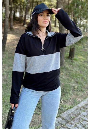 WeShaya Kadın Siyah Uzun Kol, Dik Yaka, Fermuarlı, Double Color Block Basic Sweatshirt Bluz Siyah