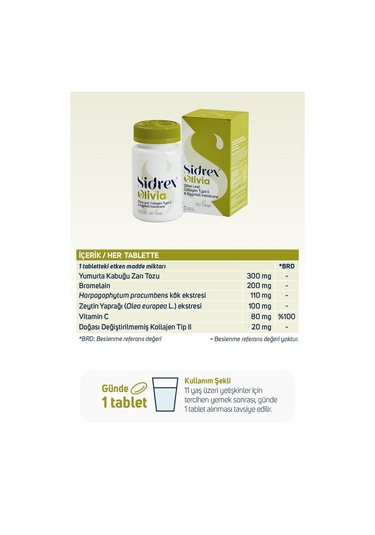 Sidrex Olivia Zeytin Yaprağı Ekstresi Tip 2 Kolajen Yumurta Kabuğu Zarı İçeren Takviye Edici Gıda 60 Tablet