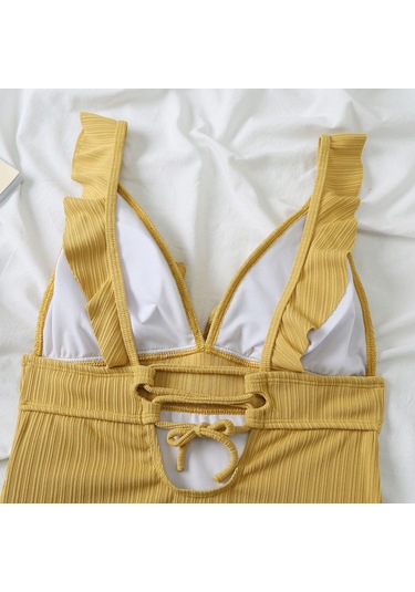 Mufunye Bayanlar İçin Sırt Açık Bağcıklı V-yaka Patalonlu Mayo, Pamuklu Döşeme, Pudra Desenli, Asya Numara Xl Turuncu Sarı