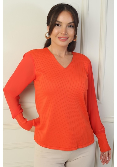 By Saygı Kadın Kolları Şifon V Yaka Kazak-39643 Mercan
