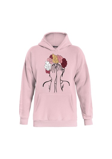 Unisex Colorful Hair Baskılı Kapüşonlu İçi Yumuşak Polarlı Oversize Sweatshirt - Pembe Pembe