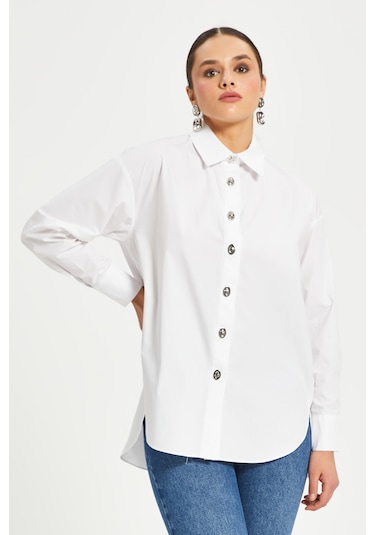 Kadın %100 Koton Oversize Gömlek Taş Düğme Detaylı Uzun Kollu Şık Model Beyaz