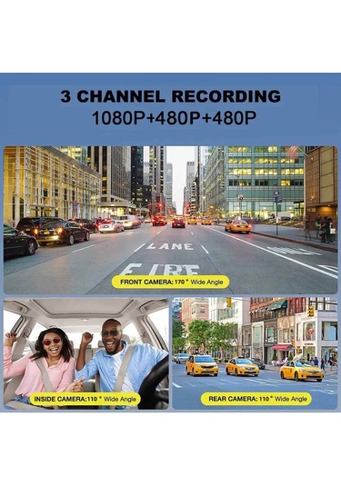Gajeena Üç Kameralı Araba Sürücü Kaydedici - 1080p Gece Görüşü, 3 İnç Ekran, Wıfı İzleme, 170 Geniş Açı, 12mp Piksel