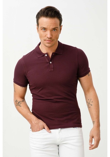 Erkek Mürdüm Standart Polo Yaka Tişört-9472 MÜRDÜM