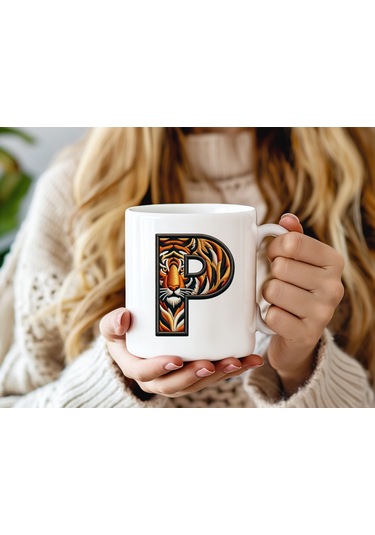 P Harfi Kaplan Figürlü Nakış Desenli Kupa Bardak - Kişiye Özel Vahşi Hayvan Desenli Kupa - Hediye Beyaz