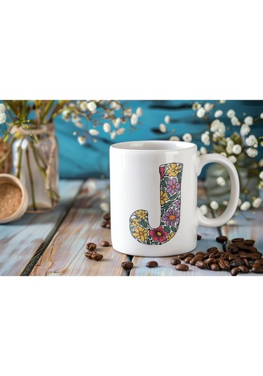 J Baş Harf Çiçek Desenleri İle Natural Tarz Kupa Bardak - Kişiye Özel Çiçekli Kahve Çay Bardak - Beyaz
