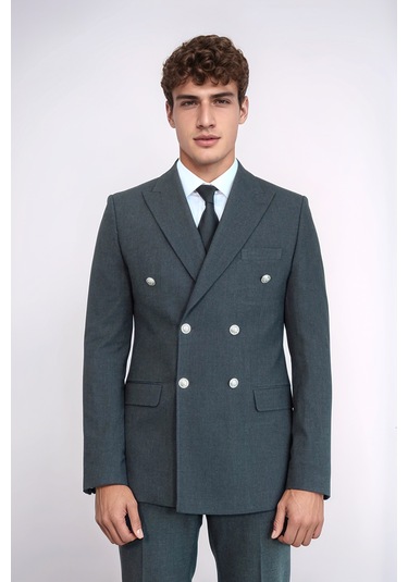 Gümüş Renk Metal Düğmeli Slim Fit Kruvaze Koyu Gri Erkek Takım Elbise Wessi Füme