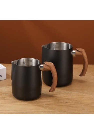 Novahub 600/1000ml Gümüş Paslanmaz Çelik Latte Kahve Fincanı Süt Köpürtme Sürahi Ahşap Saplı Damlamasız