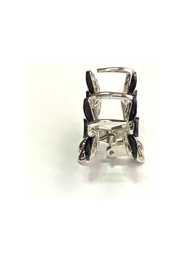 Siyah Taşlı Çiçek Gümüş Detaylı Metal Mandal Toka 4 Cm Siyah