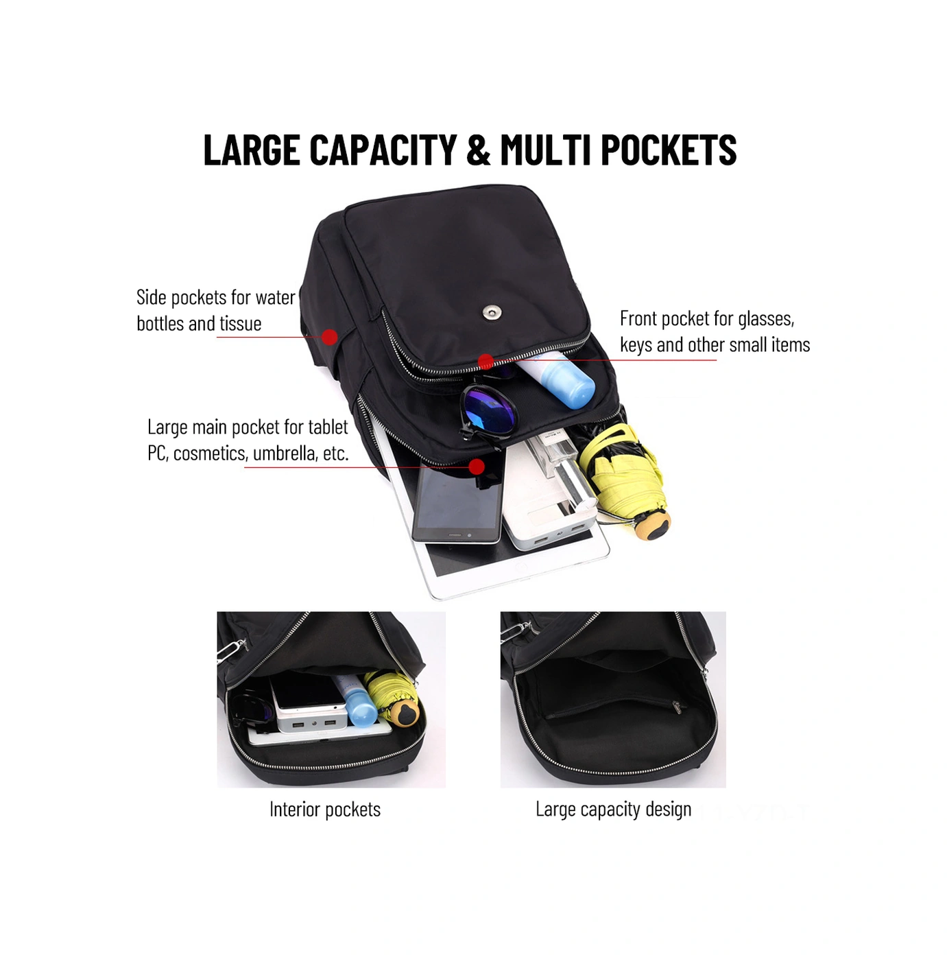 Yuntech01 Kadınlar İçin Sırt Çantası, Su Geçirmez Nilon, Anti Hırsızlık Cep, Tassel Desenli, Seyahat-okul-kampa Uygun Siyah Çanta Çok Renkli