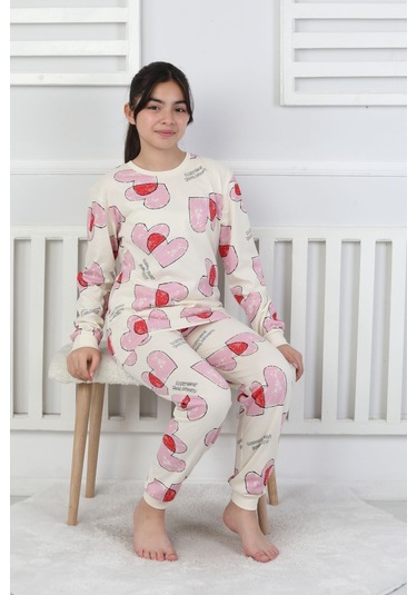 Tangled Hearts Desenli Kız Çocuk Pijama Takımı 8-13 Ekru