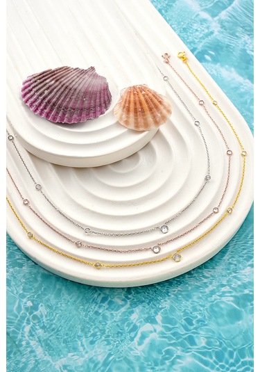 Queen Silver Jewelry 925 Ayar Gümüş Zirkon Taş Forse Zincirli Kolye Altın