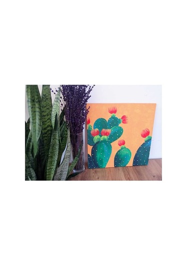 El Boyaması Kare Kaktüs Tablosu 40 40 Cm