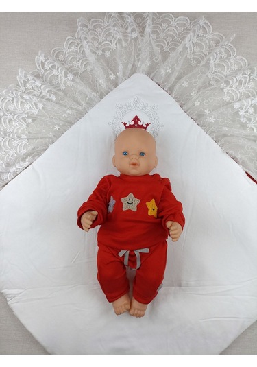 Yenidoğan Saray Kadife Taç Nakışlı İnci Fiyonklu Dantel Duvak Trilüks Kundak Bebek Battaniye