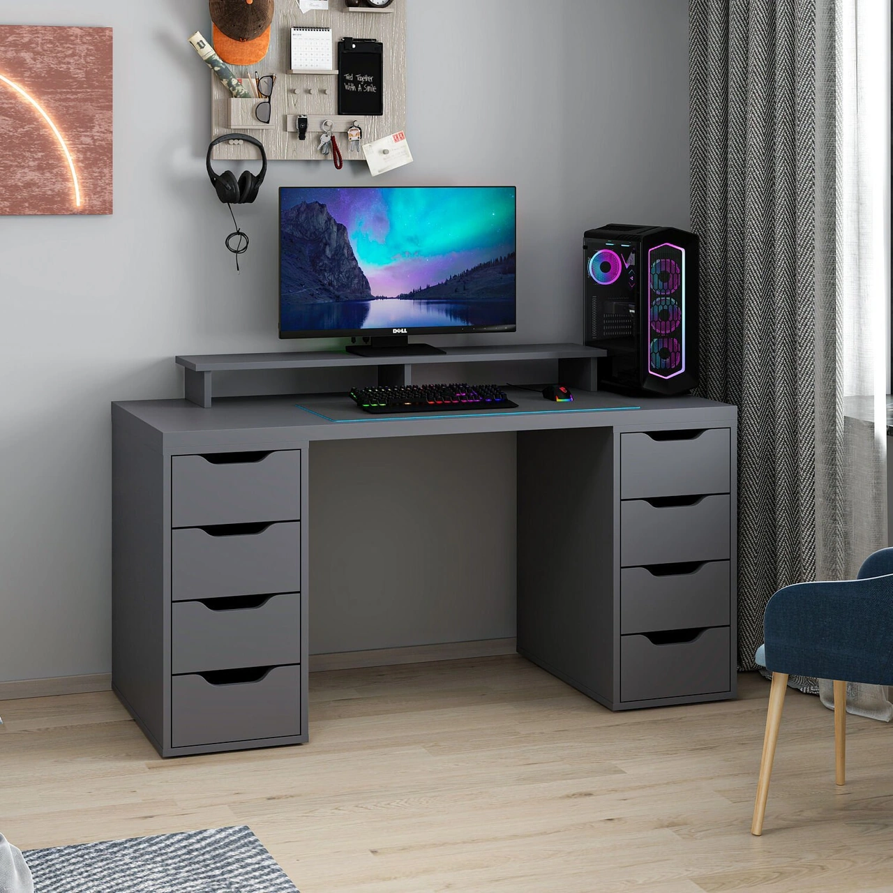 Alen 150 Cm 8 Çekmeceli Çalışma & Oyuncu Masası - Antrasit Siyah