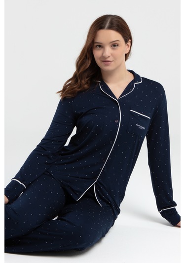 Pierre Cardin 8986 Uzun Kol Önden Düğmeli Kadın Pijama Takımı Lacivert
