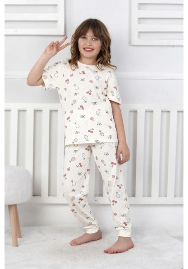 Kısa Kollu Meyve Desenli Kız Çocuk Pijama Takımı Beyaz