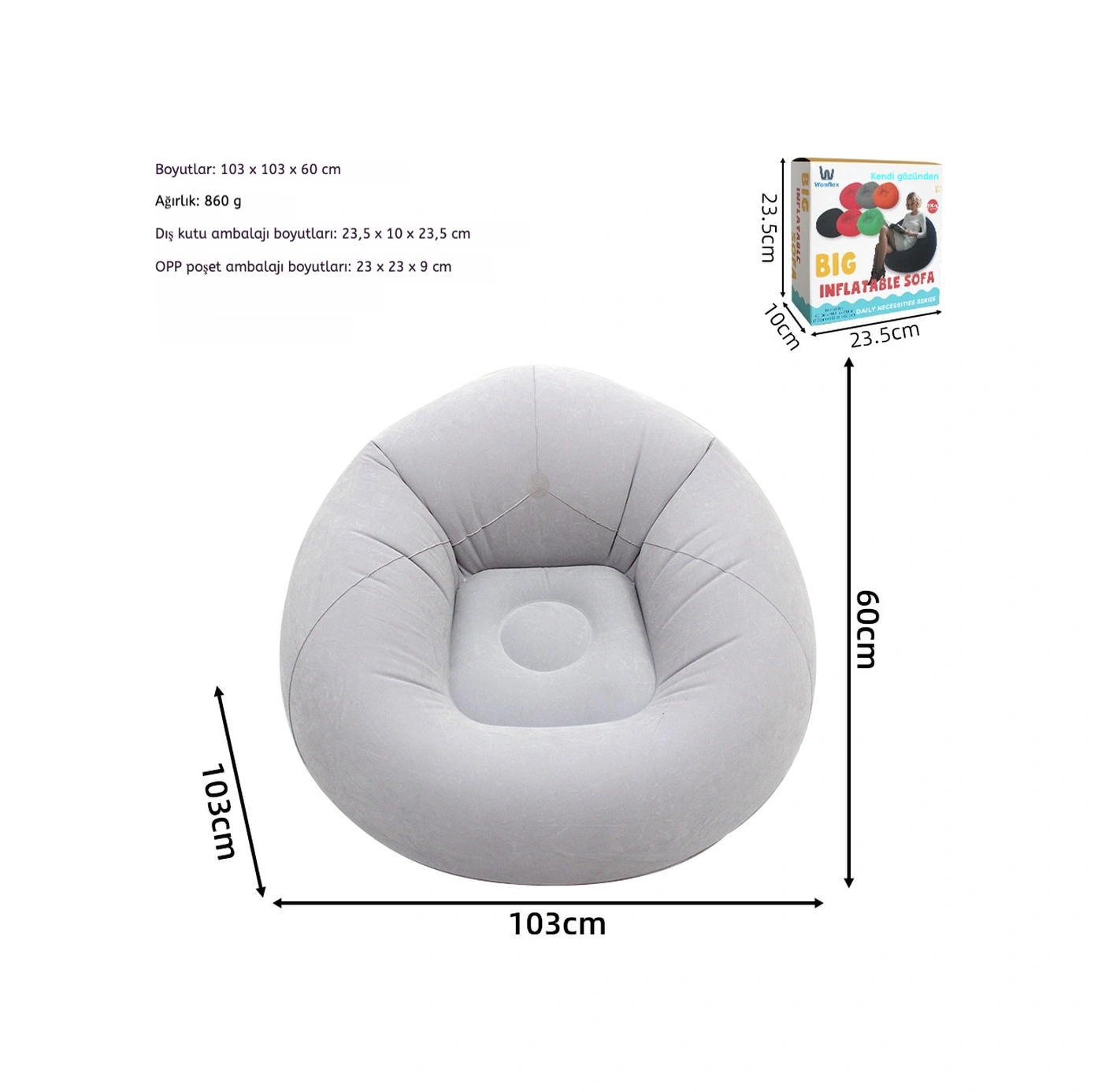 Snapbuy Kadife Kaplamalı Tek Kişilik Şişme Koltuk Gri