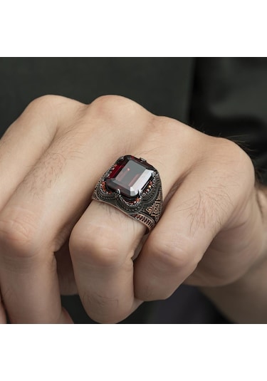 Kare Kırmızı Taşlı 925 Gümüş Erkek Yüzük