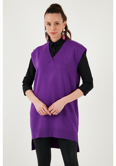 Lela V Yaka Arkası Uzun Triko Bayan Süveter 4616082Y Mor