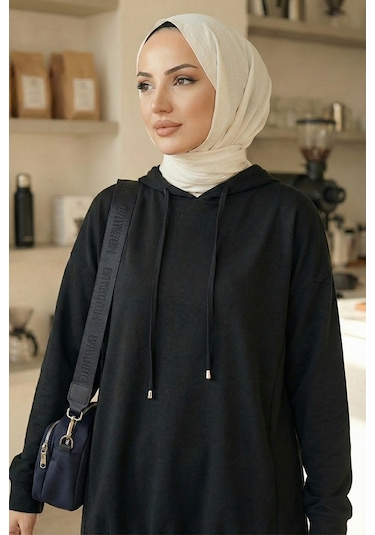 Bestenur Kapüşonlu Tunik Pantolon Takım 1682 - Siyah Siyah