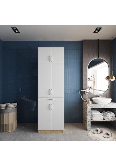 Piramit Çamaşır Ve Kurutma Makinesi Dolabı Banyo Dolabı Meşe Beyaz Beyaz - Meşe