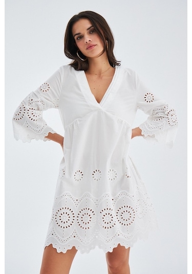 Peraluna Hiromi Dress %100 Pamuk 3/4 Kol Diz Hizası Yazlık Kadın Beyaz