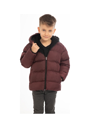 Erkek Çocuk Bordo İçi Polarlı Kürklü Kapüşonlu Su Geçirmez Rüzgara Dayanıklı Şişme Kışlık Mont Bordo