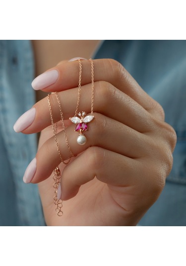 925 Ayar Gümüş İncili Kelebek Kolye