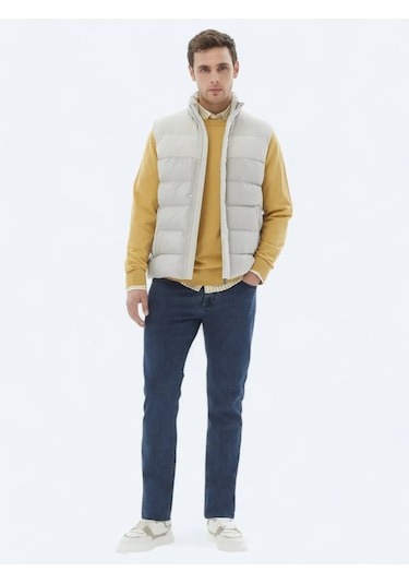 Kip Bej Regular Fit Dik Yaka Casual Dokuma Spor Yelek Bej