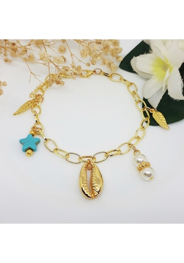 Turkuaz Doğal Taş & Altın Kaplama Deniz Kabuğu & Bakla Zincir Kad