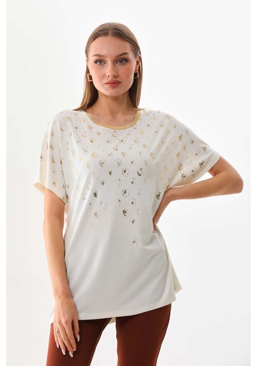 Büşra Triko Kadın Desenli Kısa Kol Penye Bluz 19152 Ekru