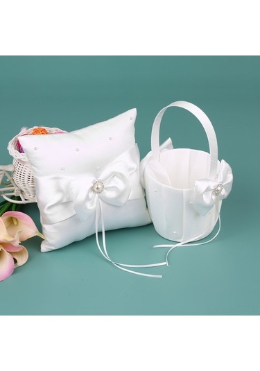 Novahub 7 İnç Beyaz Saten Rhinestone Süslemeli Yüzük Taşıyıcı Ve Düğün Çiçek Kız Sepeti Seti Diğer