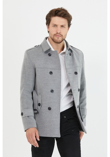 Mero Life Erkek Açık Gri Kemerli Kaşe Kaban Trenç Model Açık Gri