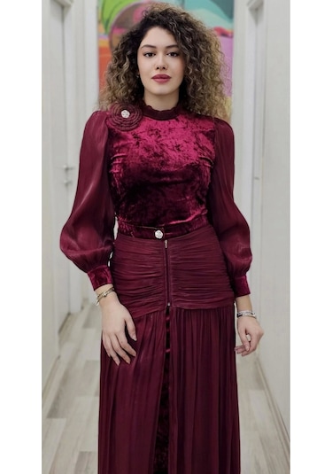 Çiçek Detaylı Çıkarılabilir Etekli Kadife Abiye 2752-bordo Bordo